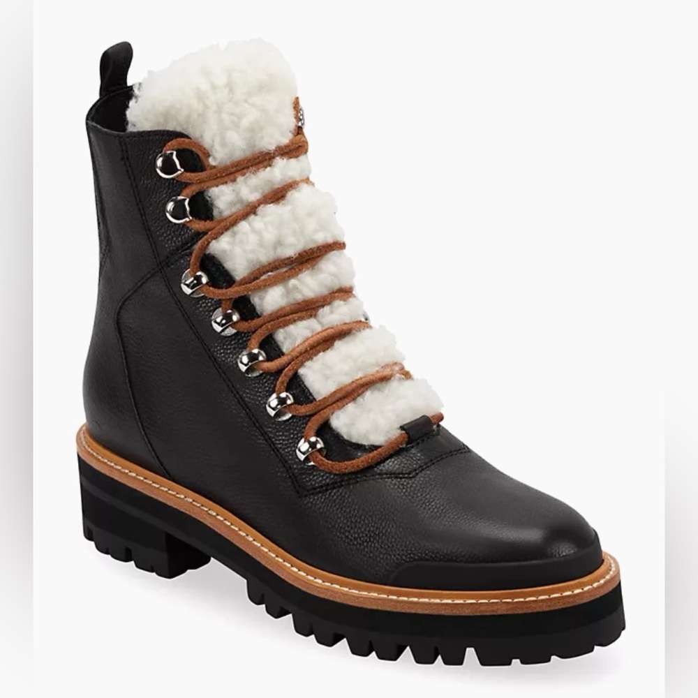 Marc Fisher LTD Izzie Shearling-Lined Leather Work Boots Black Size 9.5